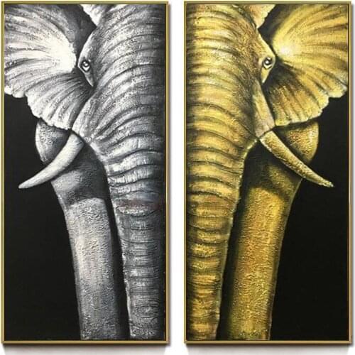 Handpainted Golden Silver Elephant zen room decoration Thai style Oil Painting on Canvas art animal canvas for living room wall