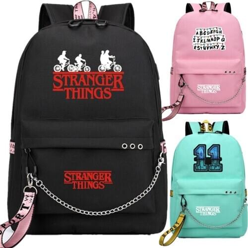 Fashion backpack Stranger Things Canvas Backpack Canvas Student Schoolbag Women Letters Print Girls Ribbons USB Charge Mochila