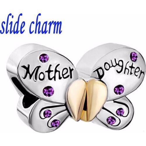Slide charm Free shipping Mothers Day children woman animal purple crystal butterfly charm beads fit Pandora bracelet
