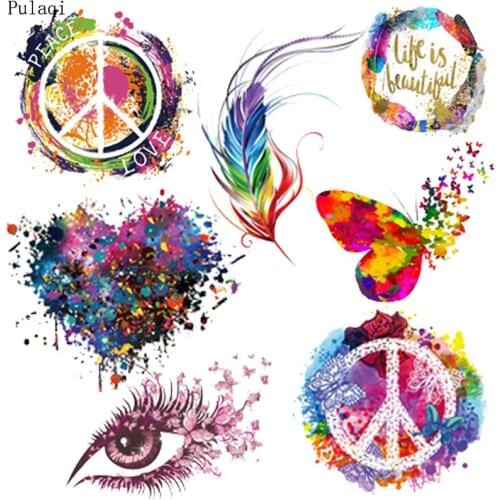 Pulaqi Heart Iron on Transfers Heat Transfer Vinyl Patches for Clothes peace And Love Patch Thermal Printed Applique Badge DIY