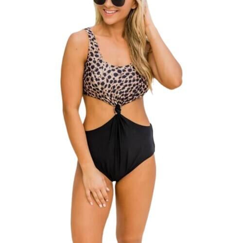 Newest Arrival Women Sexy One Piece Cut Out Monokini Swimwear Ladies Sexy U Neck Open Back Leopard Patchwork Swimsuits Outfits