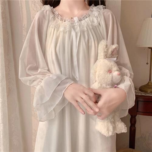 Kawaii Nightgown Lolita Night Dress Women Fairy White Mesh Long Sleeve Victorian Vintage Princess Sleepwear Lace Peignoir Nighty