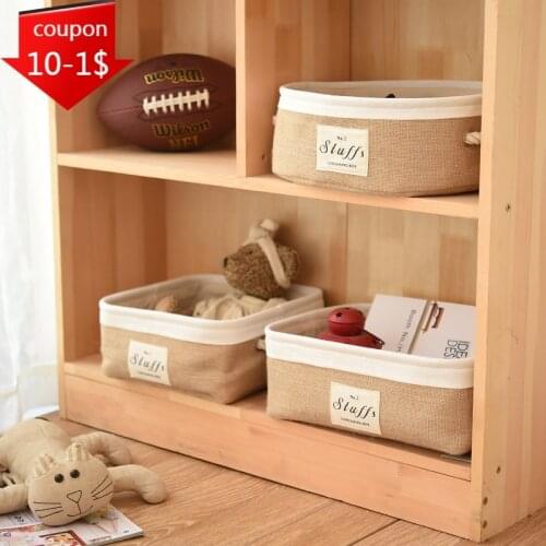 1/2pcs Foldable Storag Basket Jute Cotton Sundries Storage Baskets Desktop Snacks Organzier with Handle Drawer Closet Organizer