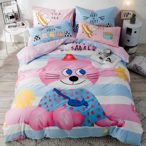 100% cotton 3d rainbow duvet cover bedding for kids and adults, cute cat pillowcase and pink bed sheet and Fitted Bed Sheet