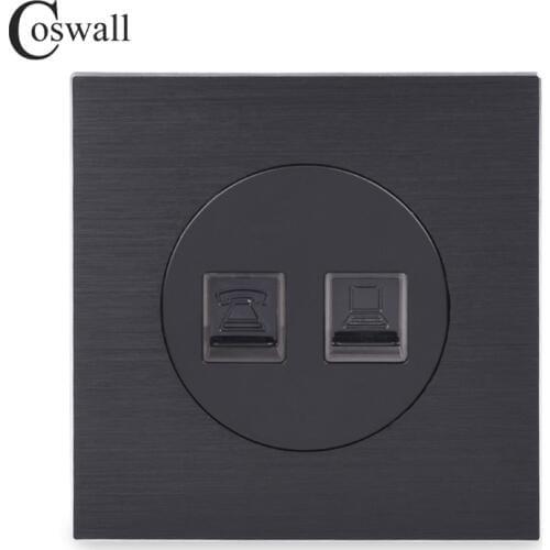 Coswall Aluminum Panel CAT3 RJ11 4 Core Telephone Jack With CAT5E RJ45 Data Computer Internet Connector Wall Socket Knight Black