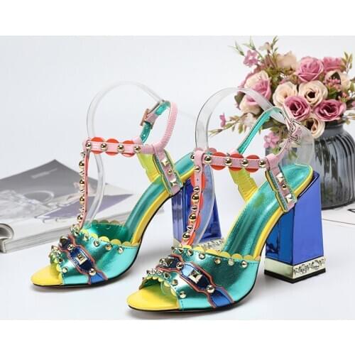 Free shipping Casual Designer fashion sexy lady women high heels sandals multi color spikes strappy shoes