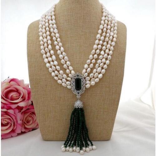 20" 5row White Baroque Pearl Green bead Necklace CZ Pendant