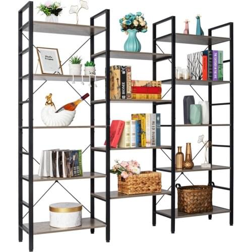 Bookshelf Triple Wide 5-Shelf Bookcase Vintage Industrial Style Shelves Wood and Metal bookcases Etagere Large Open Bookshelf