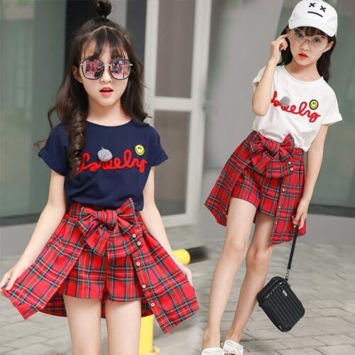 Girls Clothing Sets Shorts T-shirt+Plaid Bow Skirts 2Pcs for Kids Clothing Sets Baby Clothes