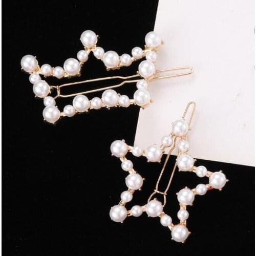 Korean version Cute/Romantic simple geometry Pentagram crown pearl hairpin Female charm bangs clip hairpin jewelry