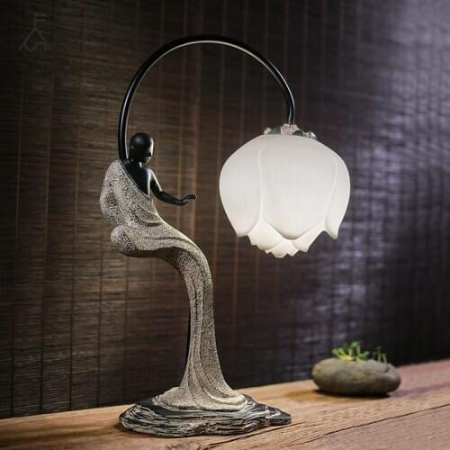Chinese Style Creative Retro Lotus Table Lamp Living Room Study Bedroom Decorative Bedside Lamp Zen Lights Home Lighting Fixture