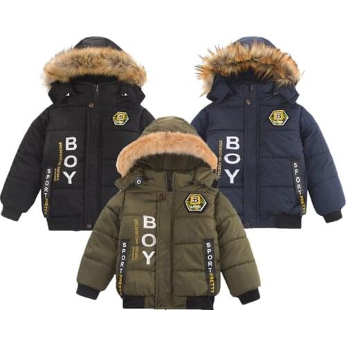 3 Color Winter Baby Boys jacket Plus Velvet Padded Warm Hooded Letter Pattern Windbreaker Children Toddler Clothes