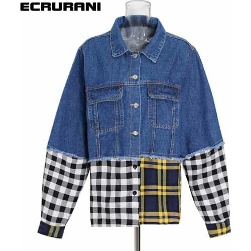 ECRURANI Blue Print Plaid Casual Jacket For Women Lapel Collar Long Sleeve Hit Color Jackets Female Summer Clothes 2021 New Tide