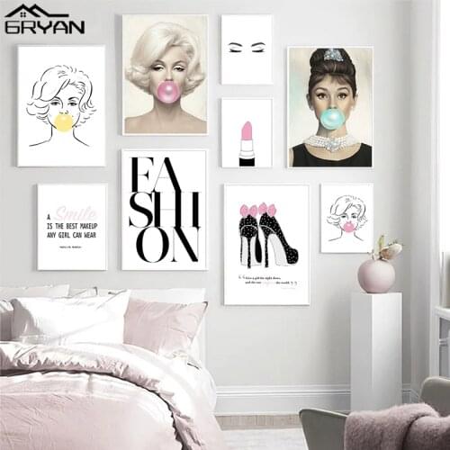 Marilyn Monroe Bubble Gum Makeup Vogue Canvas Print Painting Lipstick High Heels Lady Quote Poster Audrey Hepburn Picture Decor