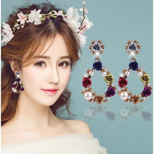 Sweet Bohemia Rhinestone Rose Flower Earrings Beaded Water Drop Pearl Long Earrings Multicolor Dangle Ethnic Earrings Wedding