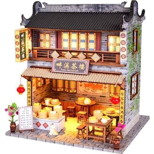 1/24 DIY Mini House Handmade Assembled Toy Dollhouse Chinese Teahouse Miniature Home Model Birthday Gifts for Boys and Girls