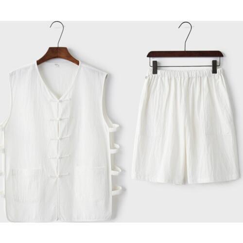 Mens Cotton Linen Kung Fu Suit male Sleeveless Wagoner Undershirt+Pants Sets Traditional Chinese Tang Suit Tai Chi Uniform