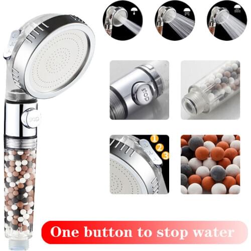 Shower Head 3 Modes Adjustable With Button Stop Button Anion Replacement Bathroom Accessories Filter Ball Saving Water Spray SPA
