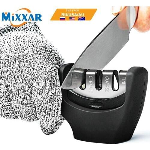 Drop Ship Knife Sharpener 3 Stages Professional Kitchen Sharpening Stone Grinder Knife Whetstone With Cut-Resistant Gloves