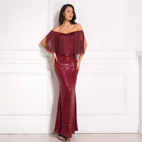 Sequined patchwork tassel burgundy maxi dress evening party slash neck off the shoulder long dress