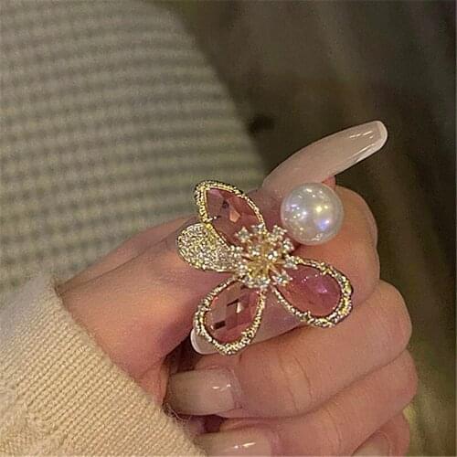 Luxury Pink Crystal Index Finger Flower Zircon Transparent Pearl Fashion Temperament Ring for Women Simple Fashion Jewelry Gift
