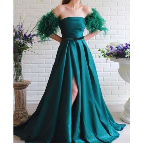 Sexy Off Shoulder A Line Prom Dress Feathers High Slit Formal Evening Dresses Sashes Long Party Dresses Vestidos De Festa