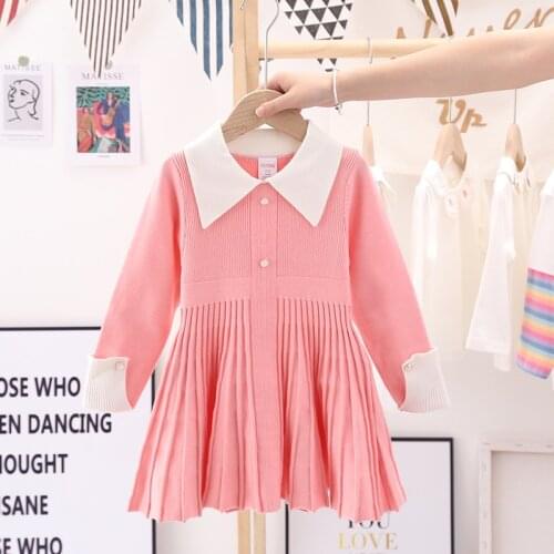 New Knitting Dress For Girls Half High Neck Striped Contrast Pleated Sweater Dress Princess Dress Child Clothing For 3-8 Age