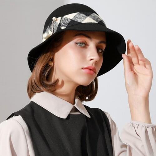 Houndstooth Pearl Ribbon Basin Hat for Lady Elegance Luxury Woolen Bucket Hat Girls Outdoor Sun Hat Adult Panama Fisherman Cap