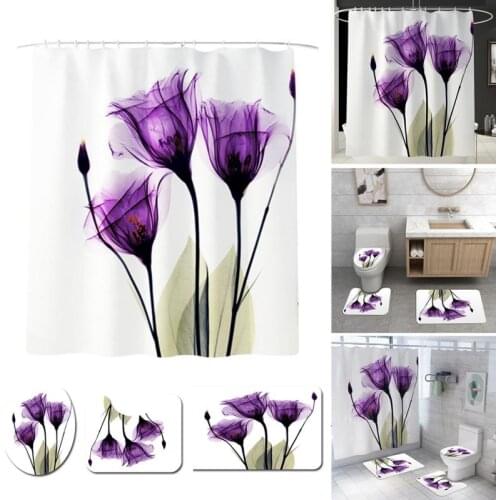 Purple Lotus Shower Curtain Flower Print Shower Curtain Pedestal Rug Lid Toilet Cover Mat Bath Mat Set For Bathroom Decor