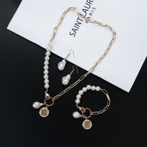 Pearl Geometric Pendents Necklace Bracelet Earrings Set For Women New Design Jewelry Bohemian Gift Fashion
