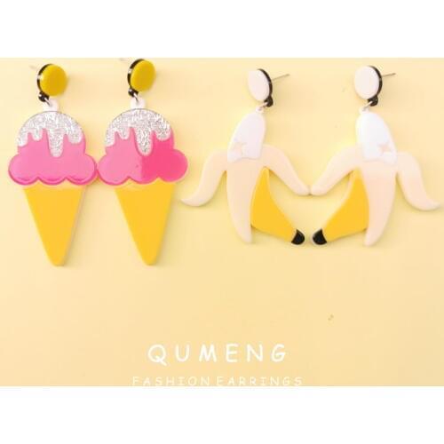 QUMENG korean 2020 Fashion Summer Acrylic Fruit ice cream Big Earrings For Women Punk cute Banana Long Earrings Party Jewelry