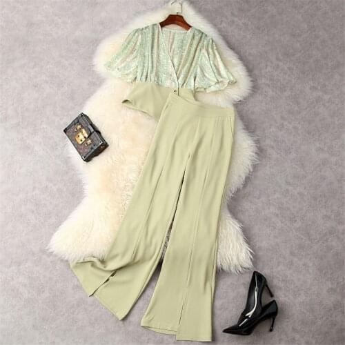Summer Designer Trousers Suit 2 Piece Matching Set Women Elegant V Neck Print Chiffon Shirt+Pants Office Work Outfit 2021
