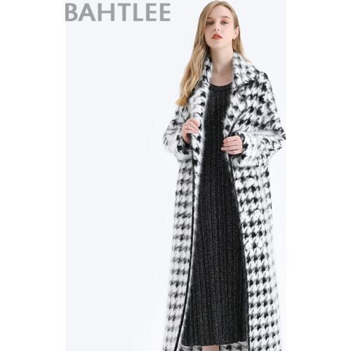BAHTLEE Women Angora Long Coat Houndstooth Pattern Sweater Winter Wool Knitted Cardigans Jumper Turn Down Collar Long Sleeves