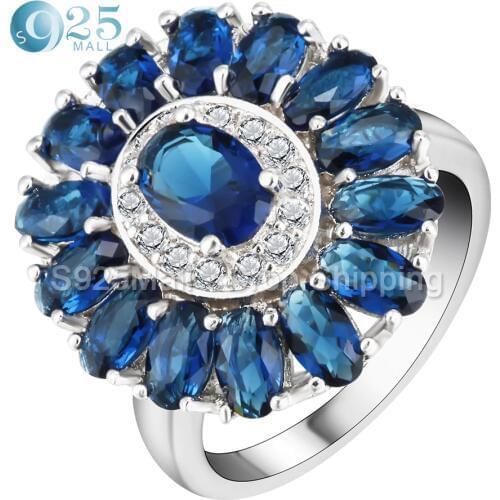 Elegant silver plated bule white CZ crystal big sunflower engagement rings for women princess cocktail party ring gift size 6-10