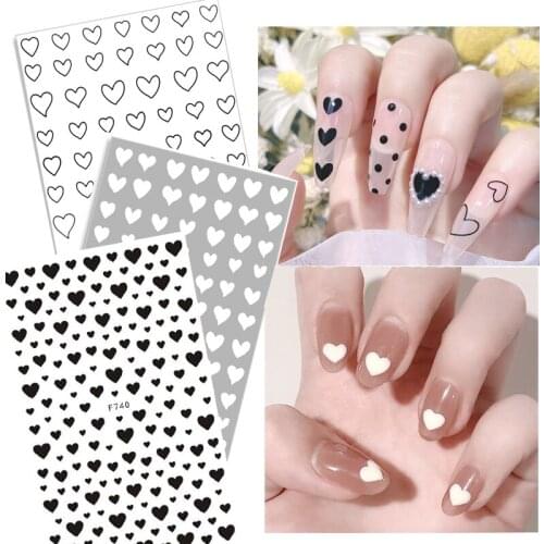 1 Sheet 3D Nail Sticker Black White Love Heart Star Design Nail Decals Self-Adhesive Ultra-thin Hollow Decal Nail Art Decoration