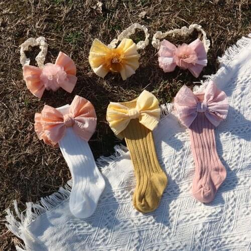 2Pcs Set Newborn Baby Girls Socks With Bowknot Lace Head Wrap Headband Sweet Full Month Hand Gift Kids Knee Socks Accessories