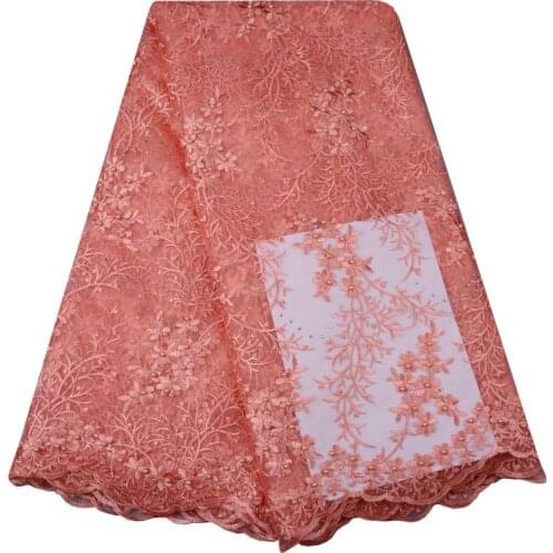2018 Peach Color Beaded Stones Lace High Quality African Tulle Lace Fabric New Arrival Nigerian Lace Fabrics For Wedding F969