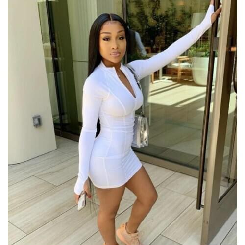 Elegant Solid Bodycon Women Dress Sexy Zipper Long Sleeve Mini Women Dress Striped White Tight Club Party Dress 2020 Clothing