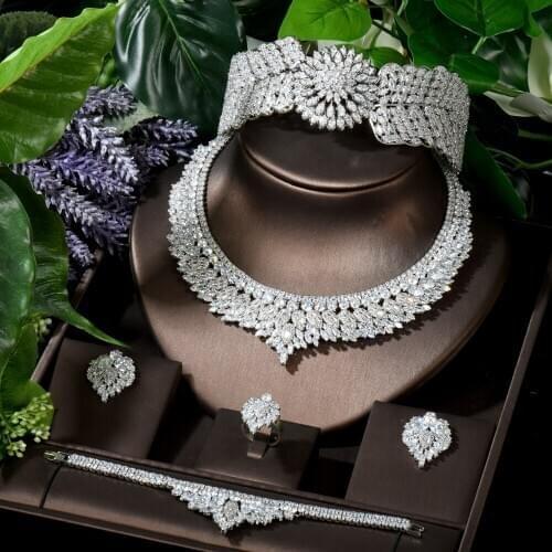 HIBRIDE High Quality CZ 5PCS Women Jewelry Sets Angel Wing Design Necklace Earring Bracelet Ring Tiaras Sets For Wedding N-1649