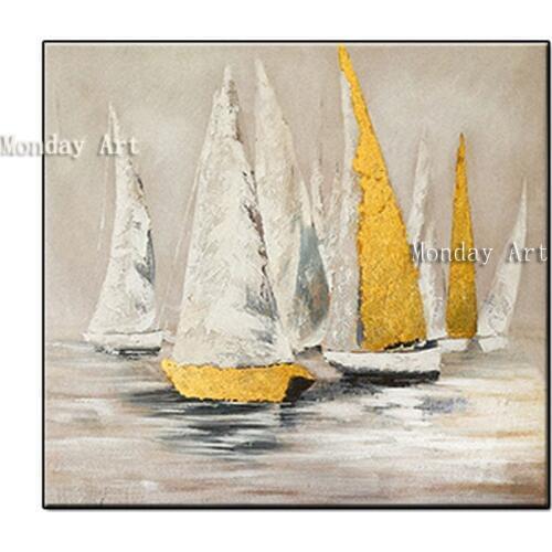 Handpainted modern gold sailboat oil painting wall Art landscape Smooth sailing boat picture on Canvas For living room bedroom