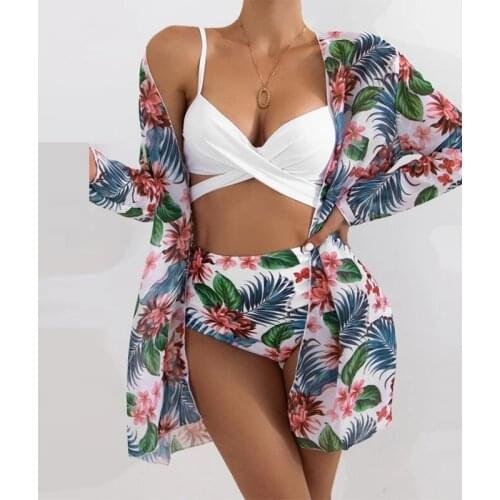 Women 3 Piece Bikini Sets Sexy Strap Bra + Cardigan Tops Bathing Suit 2021 Summer Fashion Flower Print Bikini Swimsuit Brazilian