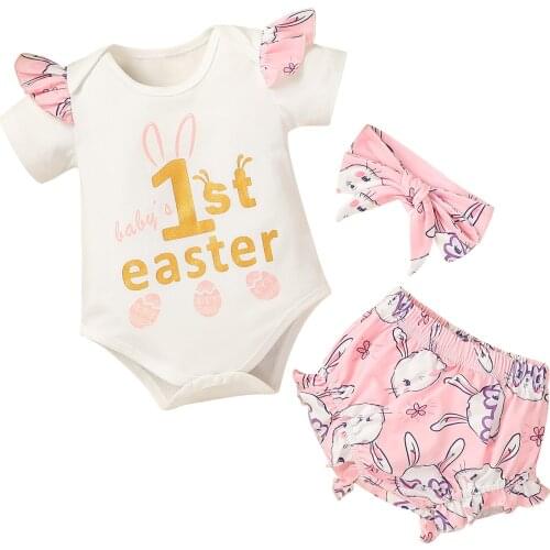Easter Days Newborn Baby Girls Clothes Sets Floral Rabbit Printed Flying Sleeve Romper Shorts Headband 0-18M