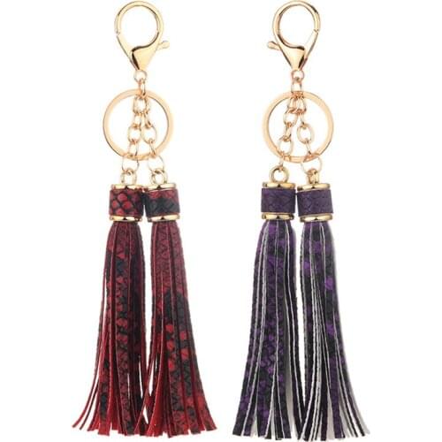 Python Pattern Leather Double Tassel Keychain Alloy Car Ring Leopard Pattern Row Beard Hanging Ear Pendant Womens Accessories
