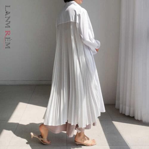 LANMREM Loose Large Size White Dresses Patchwork Pleated Flounced Fashion Base Long Sleeve Dress 2021 New Autumn YJ995