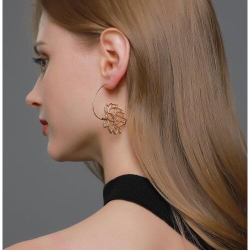 Europ Hot New Lotus Silver Gold Plating Hallowout Oversized Women Dangle Earrings Seasonal Gift