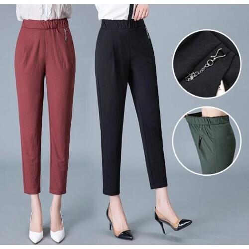 Mom Spring Pants Women Long Pant Casual Elastic Trousers Big Size Pockets Show Thin Pant Office Clothes kPaCotAkoWka