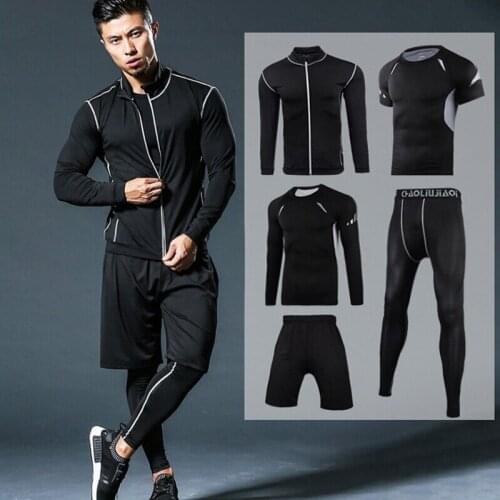 2021 New Fitness Clothes Mens Quick-drying Fitness Clothes Sports Suit Short-sleeved Tight Running Clothes Five-piece Suit