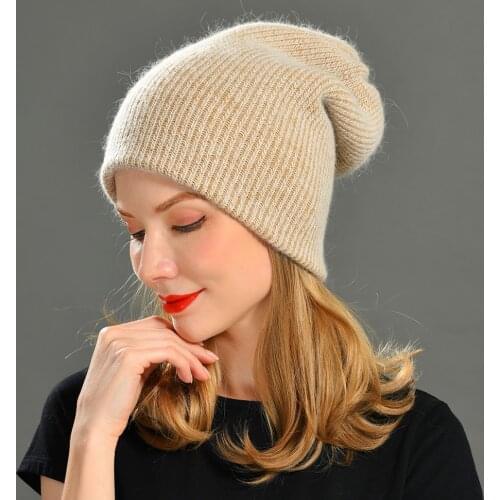2021 New Winter Hat for Women Rabbit Cashmere Knitted Beanies Thick Warm Vogue Ladies Wool Angora Hat Female Beanie Hats