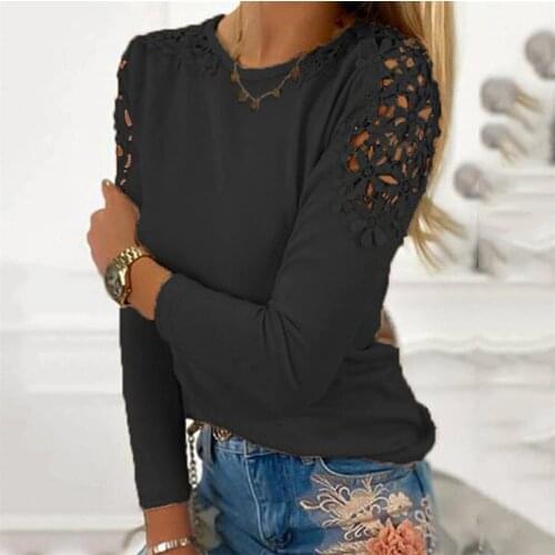 Autmn Womens Casual Solid Color O-Neck Lace Long Sleeve T Shirt Girls Sexy Black Basic Korean Style Tops Camiseta feminina