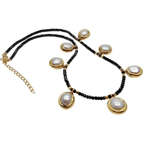 YYGEM Cultured White Pearl Gold Color Plated Charm 17" Natural 3mm Faceted Rondelle Black Spinel Choker Necklace